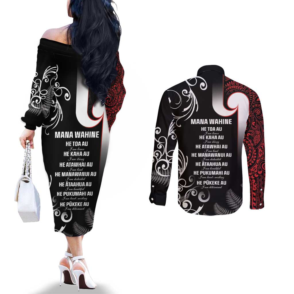 New Zealand Aotearoa Mana Wahine Couples Matching Off The Shoulder Long Sleeve Dress and Long Sleeve Button Shirt