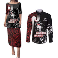 New Zealand Aotearoa Mana Wahine Couples Matching Puletasi and Long Sleeve Button Shirt LT05 Black - Polynesian Pride