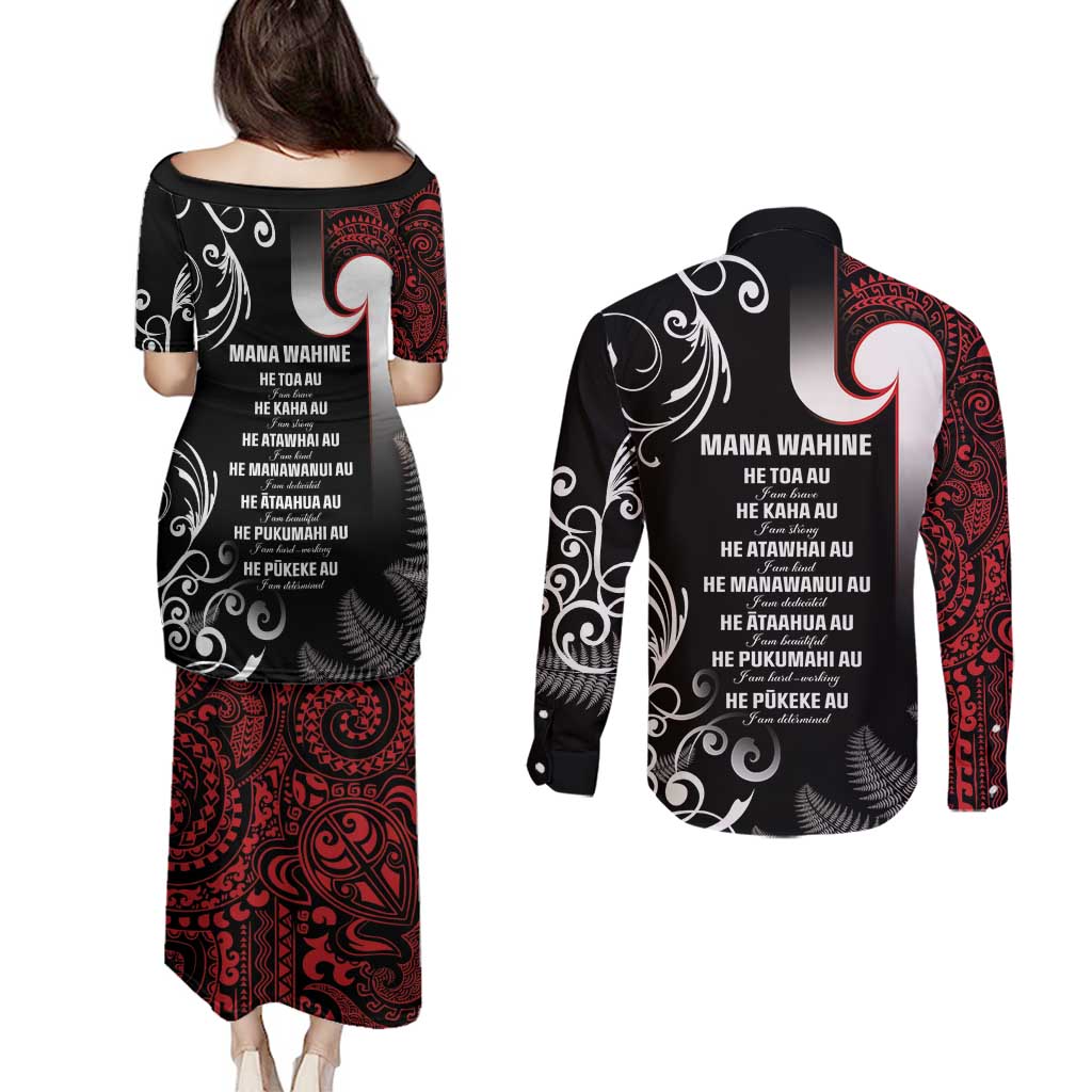 New Zealand Aotearoa Mana Wahine Couples Matching Puletasi and Long Sleeve Button Shirt LT05 - Polynesian Pride