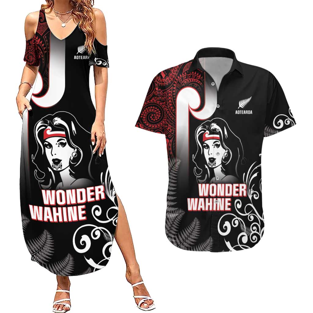New Zealand Aotearoa Mana Wahine Couples Matching Summer Maxi Dress and Hawaiian Shirt LT05 Black - Polynesian Pride