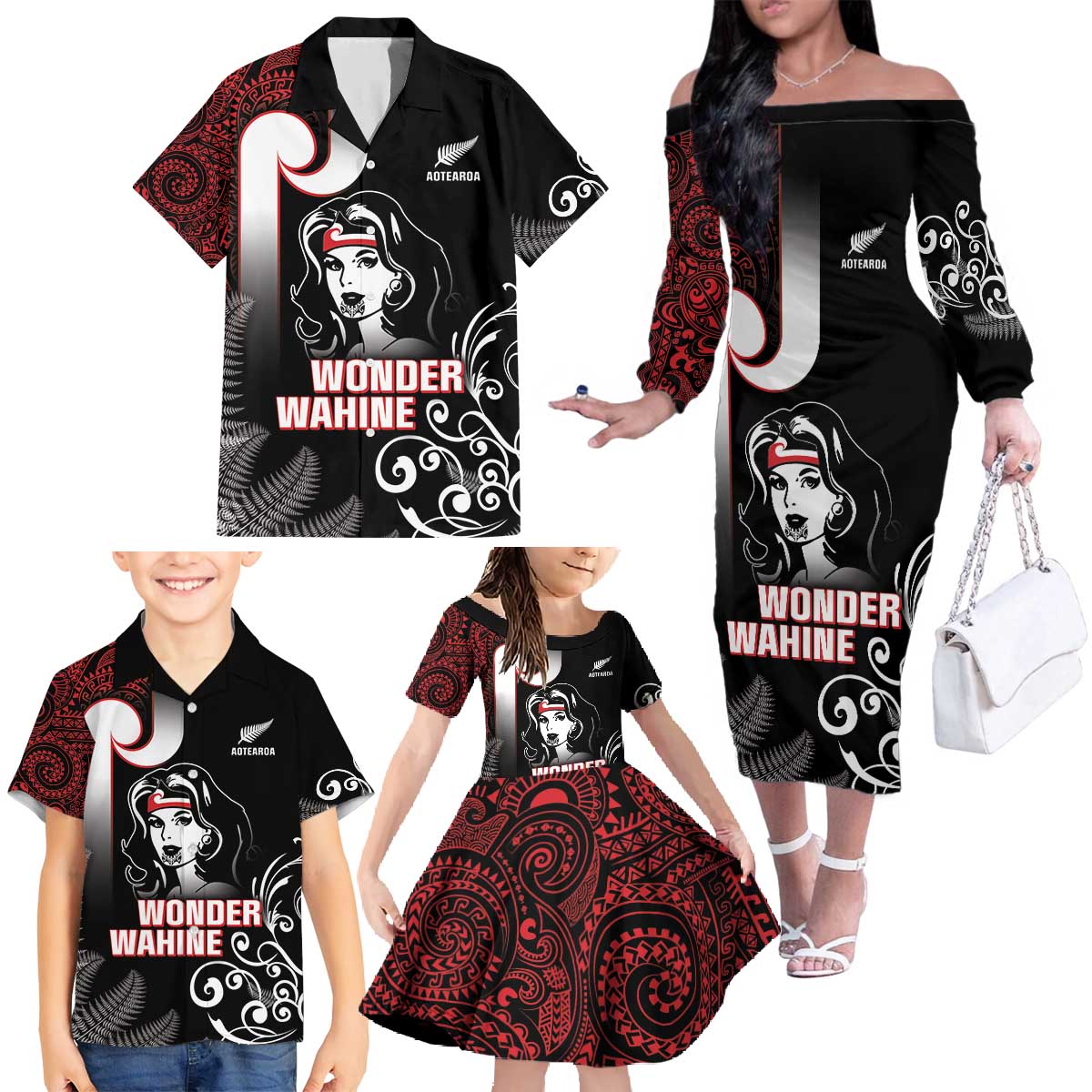 New Zealand Aotearoa Mana Wahine Family Matching Off The Shoulder Long Sleeve Dress and Hawaiian Shirt LT05 - Polynesian Pride
