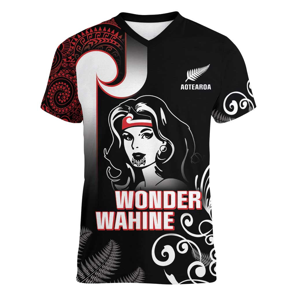 New Zealand Aotearoa Mana Wahine Women V-Neck T-Shirt LT05 Female Black - Polynesian Pride