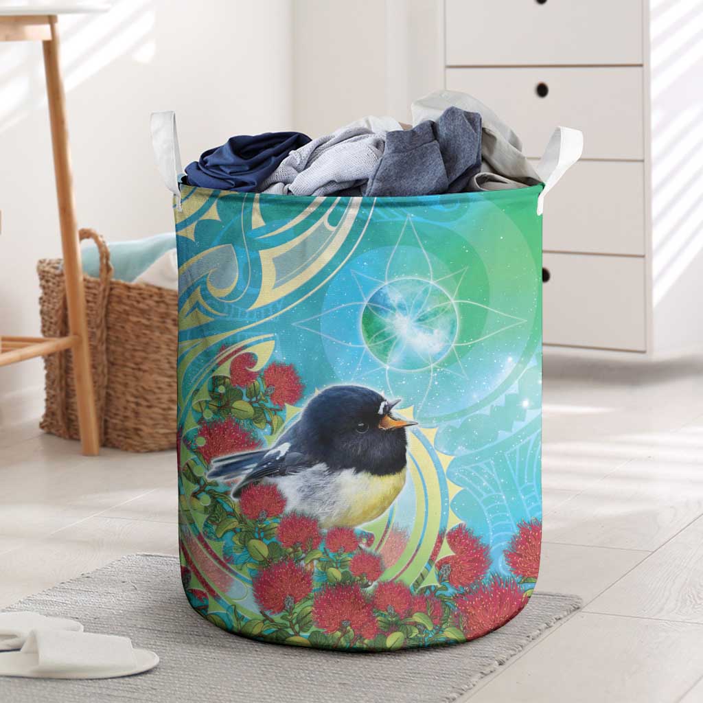 New Zealand Tomtit Laundry Basket Maori Koru With Pohutukawa Galaxy Style - Polynesian Pride