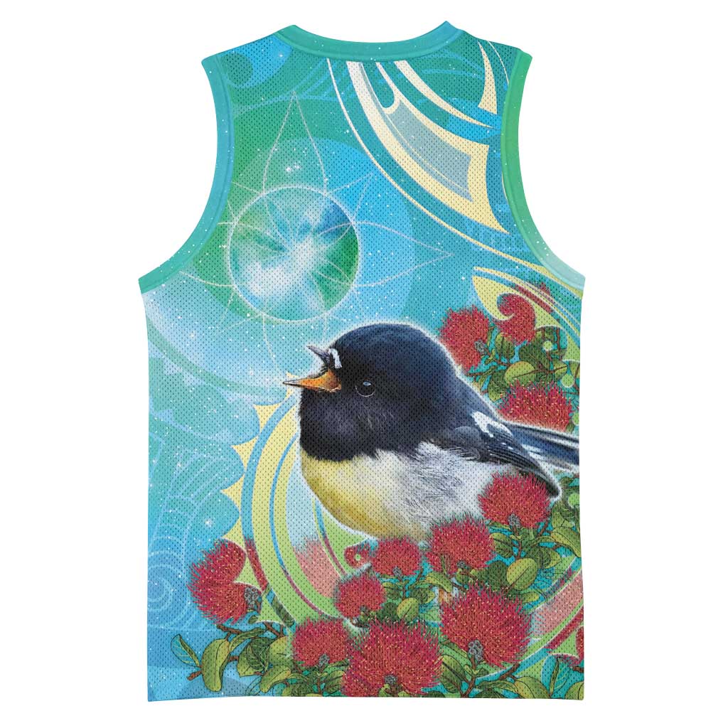 New Zealand Tomtit Basketball Jersey Maori Koru With Pohutukawa Galaxy Style - Polynesian Pride
