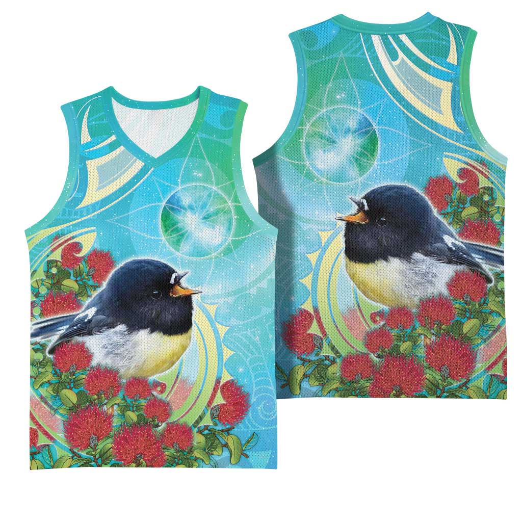 New Zealand Tomtit Basketball Jersey Maori Koru With Pohutukawa Galaxy Style - Polynesian Pride