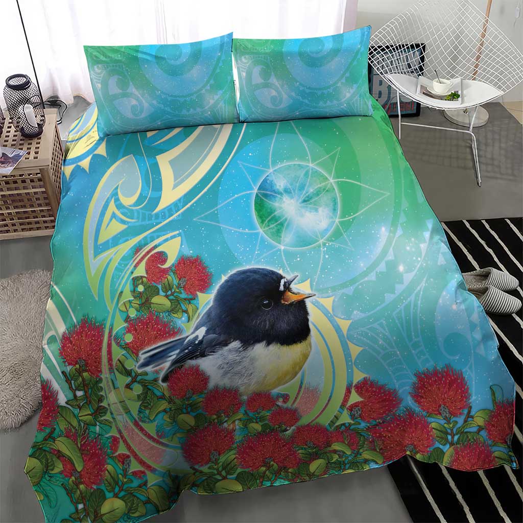 New Zealand Tomtit Bedding Set Maori Koru With Pohutukawa Galaxy Style - Polynesian Pride