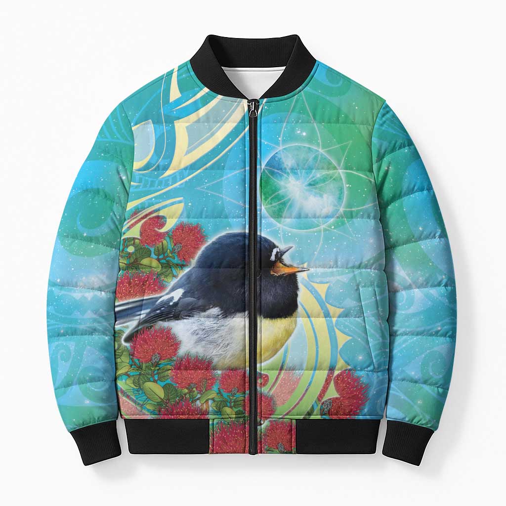 New Zealand Tomtit Bomber Puffer Jacket Maori Koru With Pohutukawa Galaxy Style - Polynesian Pride