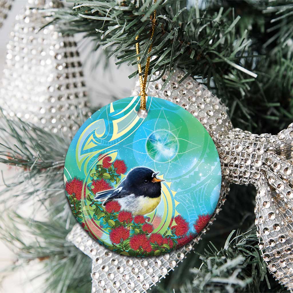 New Zealand Tomtit Ceramic Ornament Maori Koru With Pohutukawa Galaxy Style - Polynesian Pride