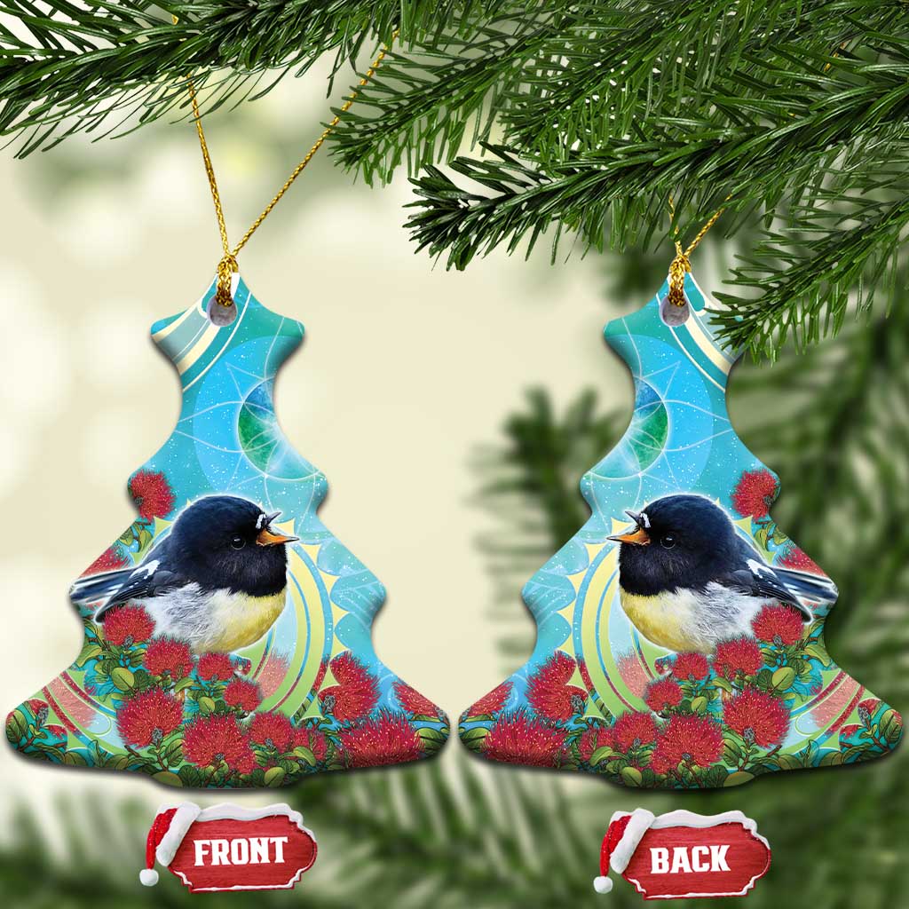 New Zealand Tomtit Ceramic Ornament Maori Koru With Pohutukawa Galaxy Style - Polynesian Pride