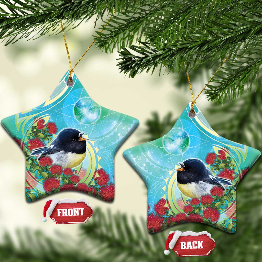New Zealand Tomtit Ceramic Ornament Maori Koru With Pohutukawa Galaxy Style - Polynesian Pride