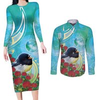 New Zealand Tomtit Couples Matching Long Sleeve Bodycon Dress and Long Sleeve Button Shirt Maori Koru With Pohutukawa Galaxy Style - Polynesian Pride