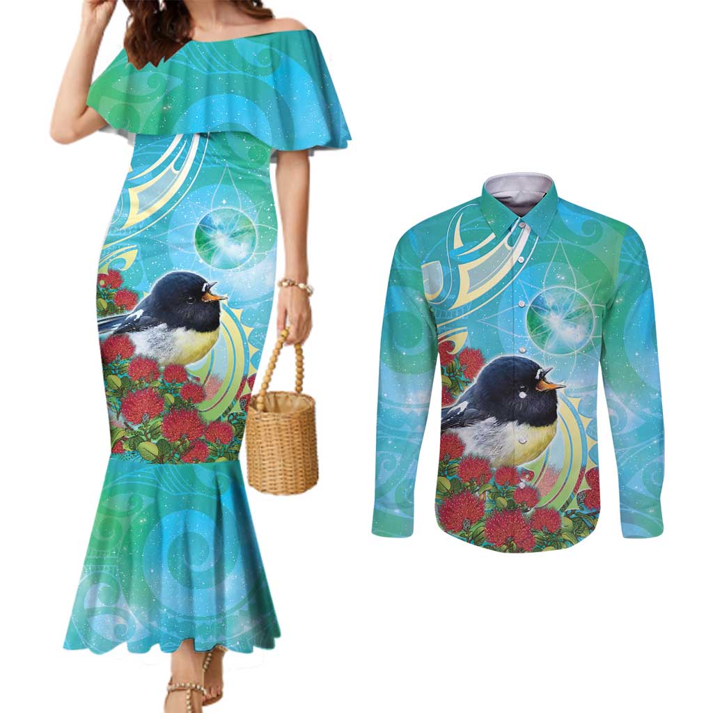New Zealand Tomtit Couples Matching Mermaid Dress and Long Sleeve Button Shirt Maori Koru With Pohutukawa Galaxy Style - Polynesian Pride