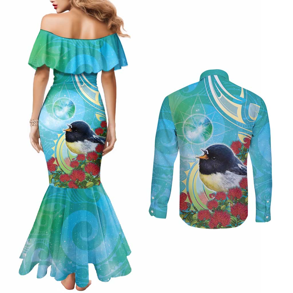 New Zealand Tomtit Couples Matching Mermaid Dress and Long Sleeve Button Shirt Maori Koru With Pohutukawa Galaxy Style - Polynesian Pride
