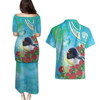 New Zealand Tomtit Couples Matching Puletasi and Hawaiian Shirt Maori Koru With Pohutukawa Galaxy Style - Polynesian Pride