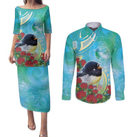 New Zealand Tomtit Couples Matching Puletasi and Long Sleeve Button Shirt Maori Koru With Pohutukawa Galaxy Style - Polynesian Pride
