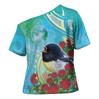 New Zealand Tomtit Cross Shoulder Shirt Maori Koru With Pohutukawa Galaxy Style - Polynesian Pride