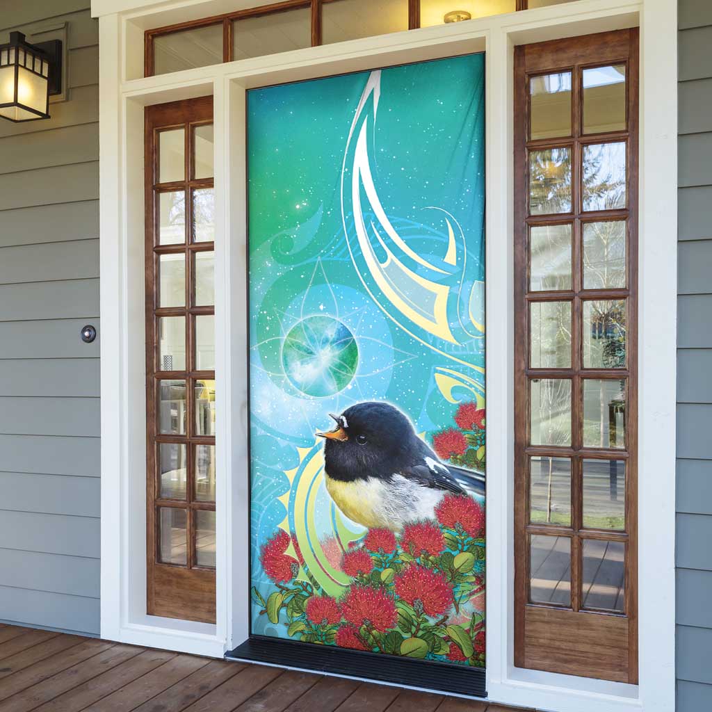 New Zealand Tomtit Door Cover Maori Koru With Pohutukawa Galaxy Style - Polynesian Pride