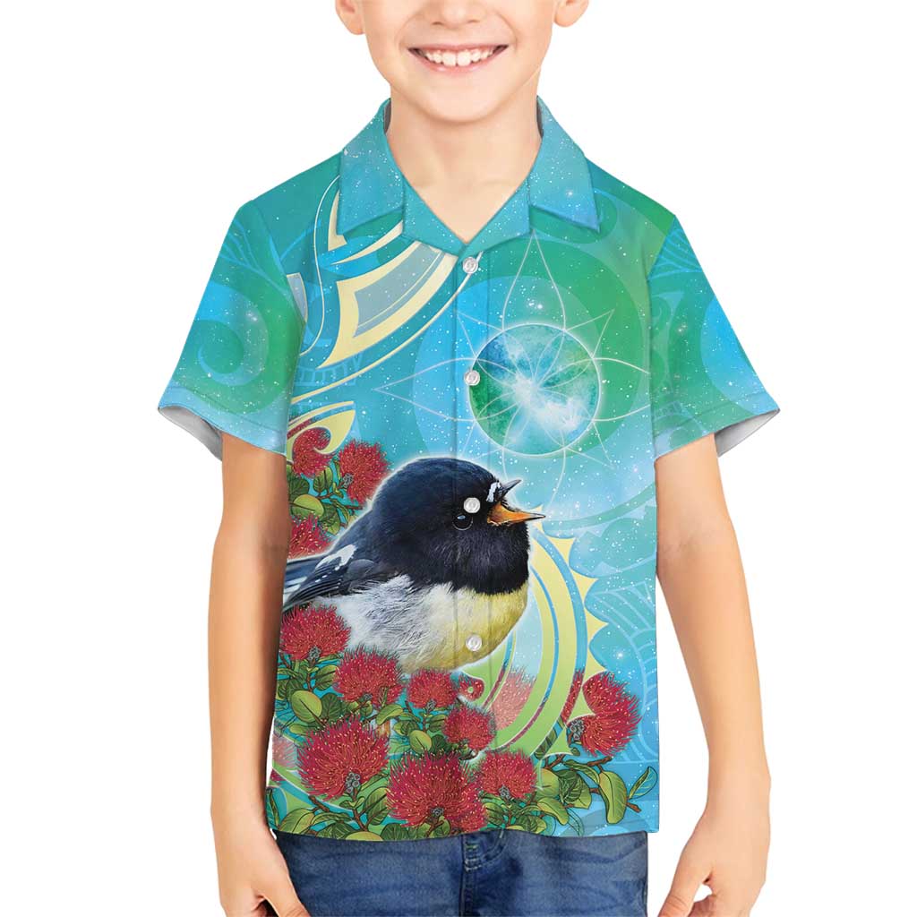New Zealand Tomtit Family Matching Long Sleeve Bodycon Dress and Hawaiian Shirt Maori Koru With Pohutukawa Galaxy Style - Polynesian Pride