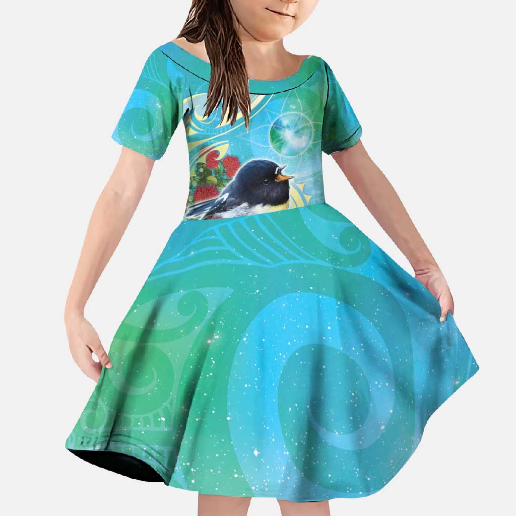 New Zealand Tomtit Family Matching Mermaid Dress and Hawaiian Shirt Maori Koru With Pohutukawa Galaxy Style - Polynesian Pride