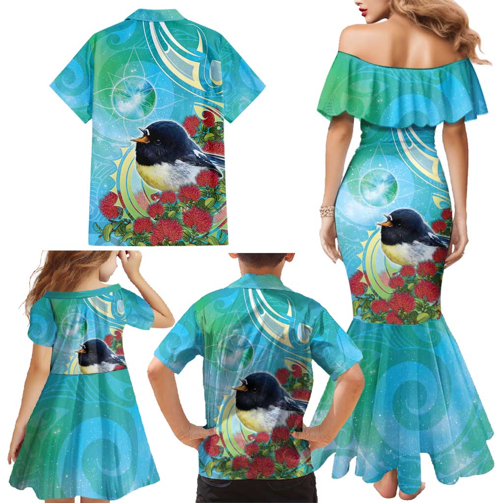 New Zealand Tomtit Family Matching Mermaid Dress and Hawaiian Shirt Maori Koru With Pohutukawa Galaxy Style - Polynesian Pride