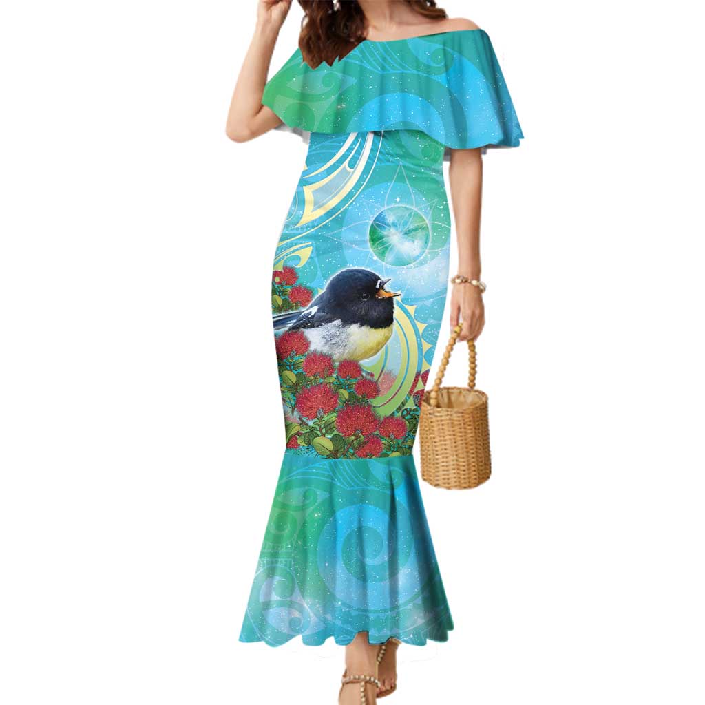 New Zealand Tomtit Family Matching Mermaid Dress and Hawaiian Shirt Maori Koru With Pohutukawa Galaxy Style - Polynesian Pride