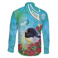 New Zealand Tomtit Family Matching Off The Shoulder Long Sleeve Dress and Hawaiian Shirt Maori Koru With Pohutukawa Galaxy Style - Polynesian Pride