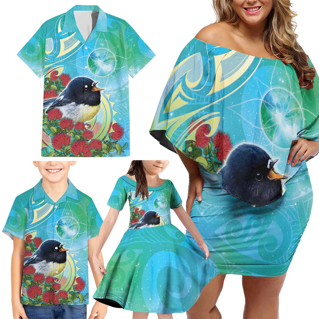 New Zealand Tomtit Family Matching Off Shoulder Short Dress and Hawaiian Shirt Maori Koru With Pohutukawa Galaxy Style - Polynesian Pride