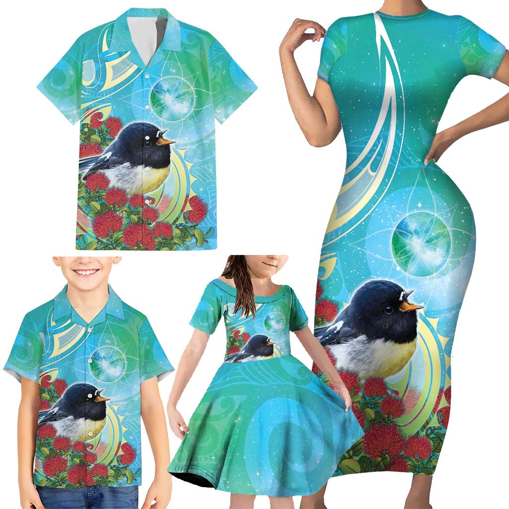 New Zealand Tomtit Family Matching Short Sleeve Bodycon Dress and Hawaiian Shirt Maori Koru With Pohutukawa Galaxy Style - Polynesian Pride