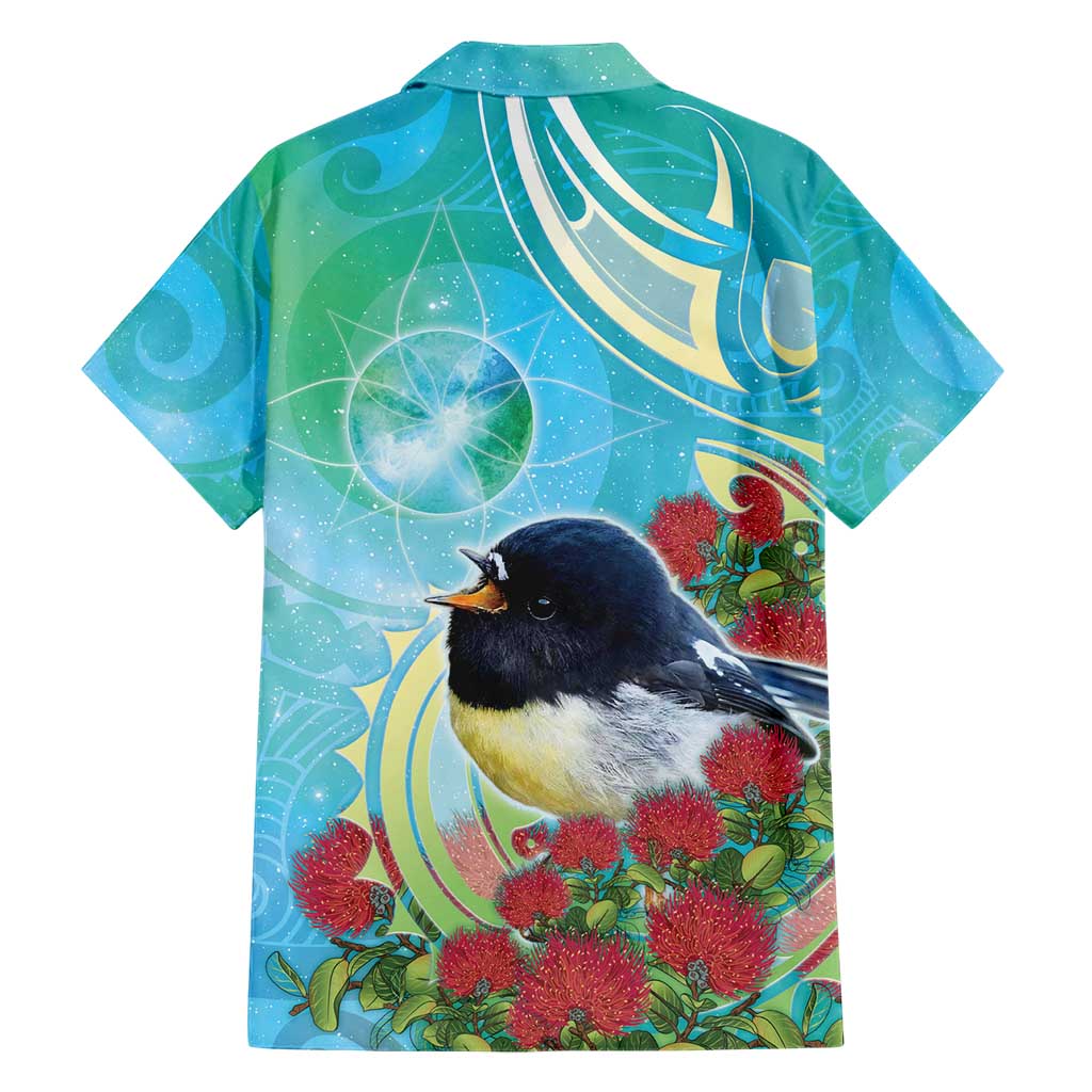New Zealand Tomtit Family Matching Short Sleeve Bodycon Dress and Hawaiian Shirt Maori Koru With Pohutukawa Galaxy Style - Polynesian Pride