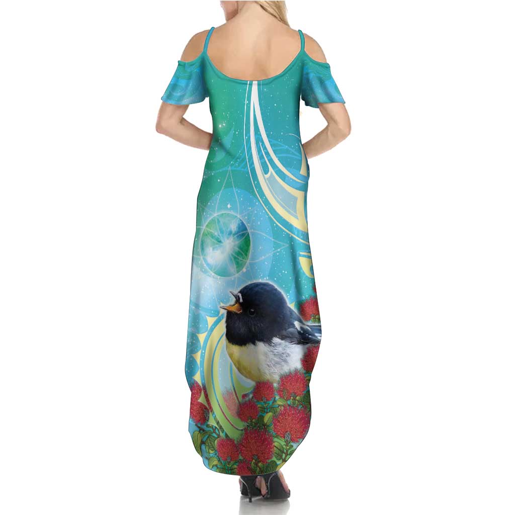 New Zealand Tomtit Family Matching Summer Maxi Dress and Hawaiian Shirt Maori Koru With Pohutukawa Galaxy Style - Polynesian Pride