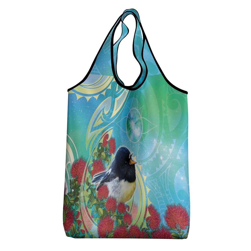 New Zealand Tomtit Grocery Bag Maori Koru With Pohutukawa Galaxy Style - Polynesian Pride