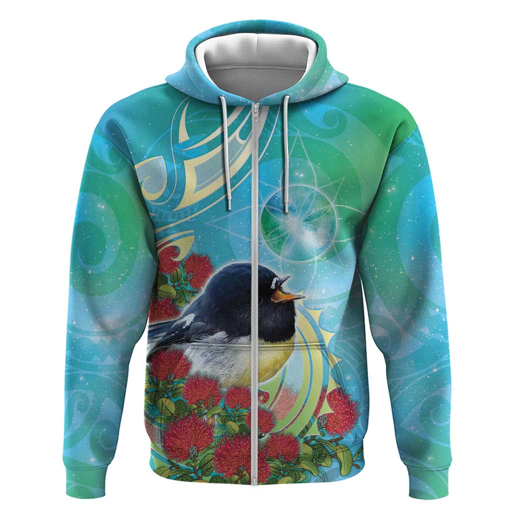 New Zealand Tomtit Hoodie Maori Koru With Pohutukawa Galaxy Style - Polynesian Pride