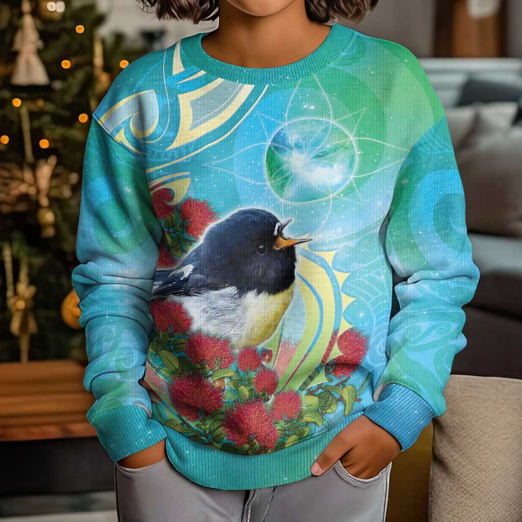 New Zealand Tomtit Kid Ugly Christmas Sweater Maori Koru With Pohutukawa Galaxy Style LT05 - Polynesian Pride
