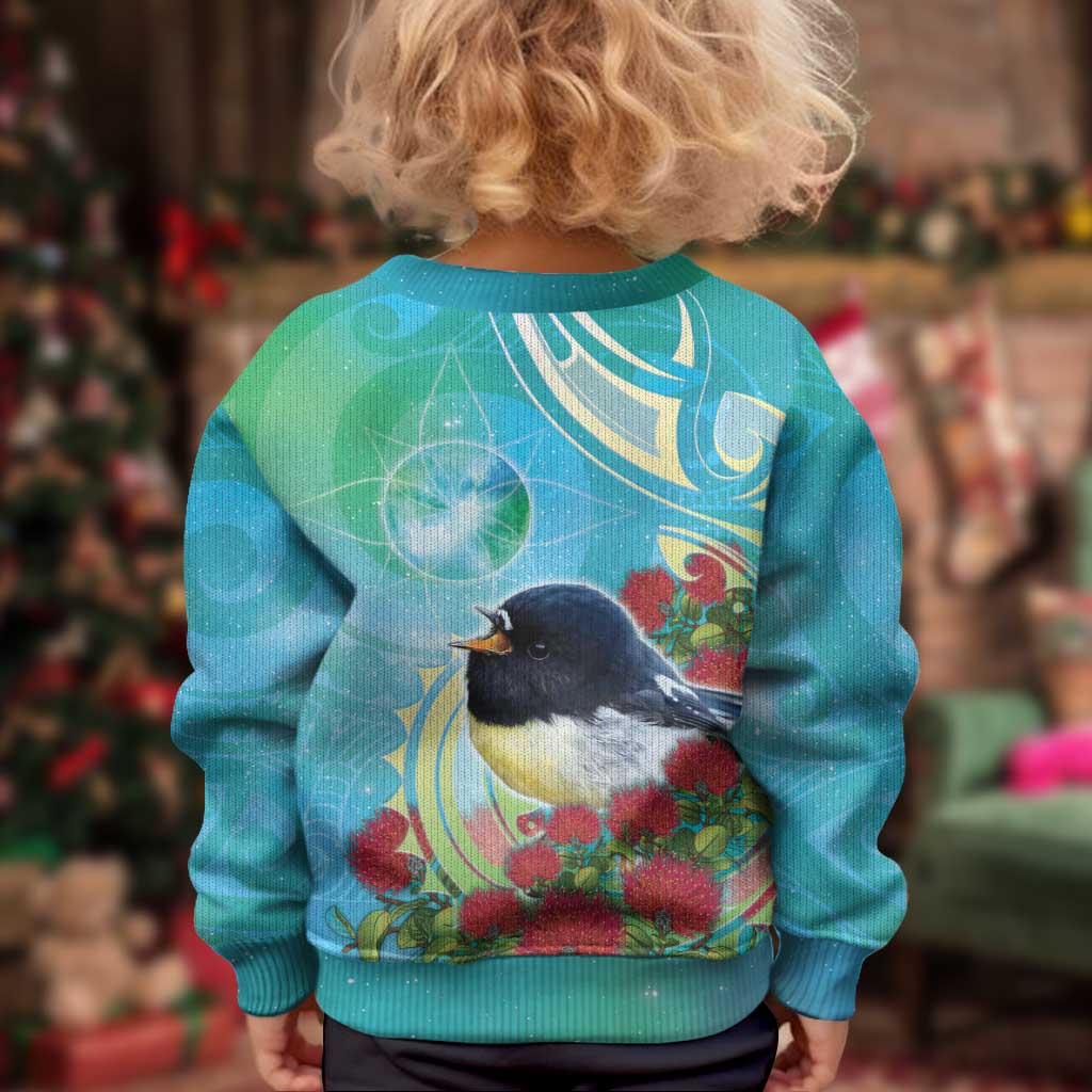 New Zealand Tomtit Kid Ugly Christmas Sweater Maori Koru With Pohutukawa Galaxy Style LT05 - Polynesian Pride