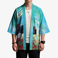 New Zealand Tomtit Kimono Maori Koru With Pohutukawa Galaxy Style - Polynesian Pride