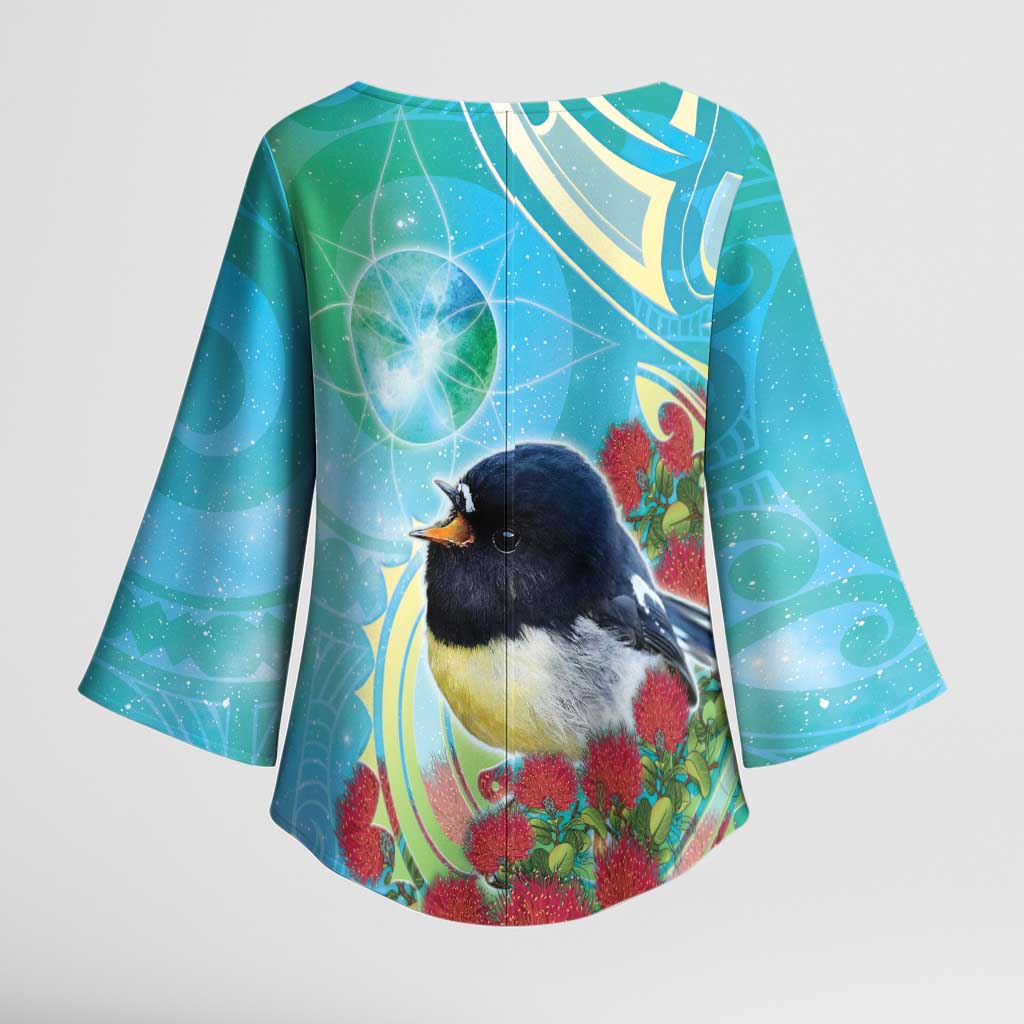 New Zealand Tomtit Kimono Sleeve Blouse Maori Koru With Pohutukawa Galaxy Style - Polynesian Pride