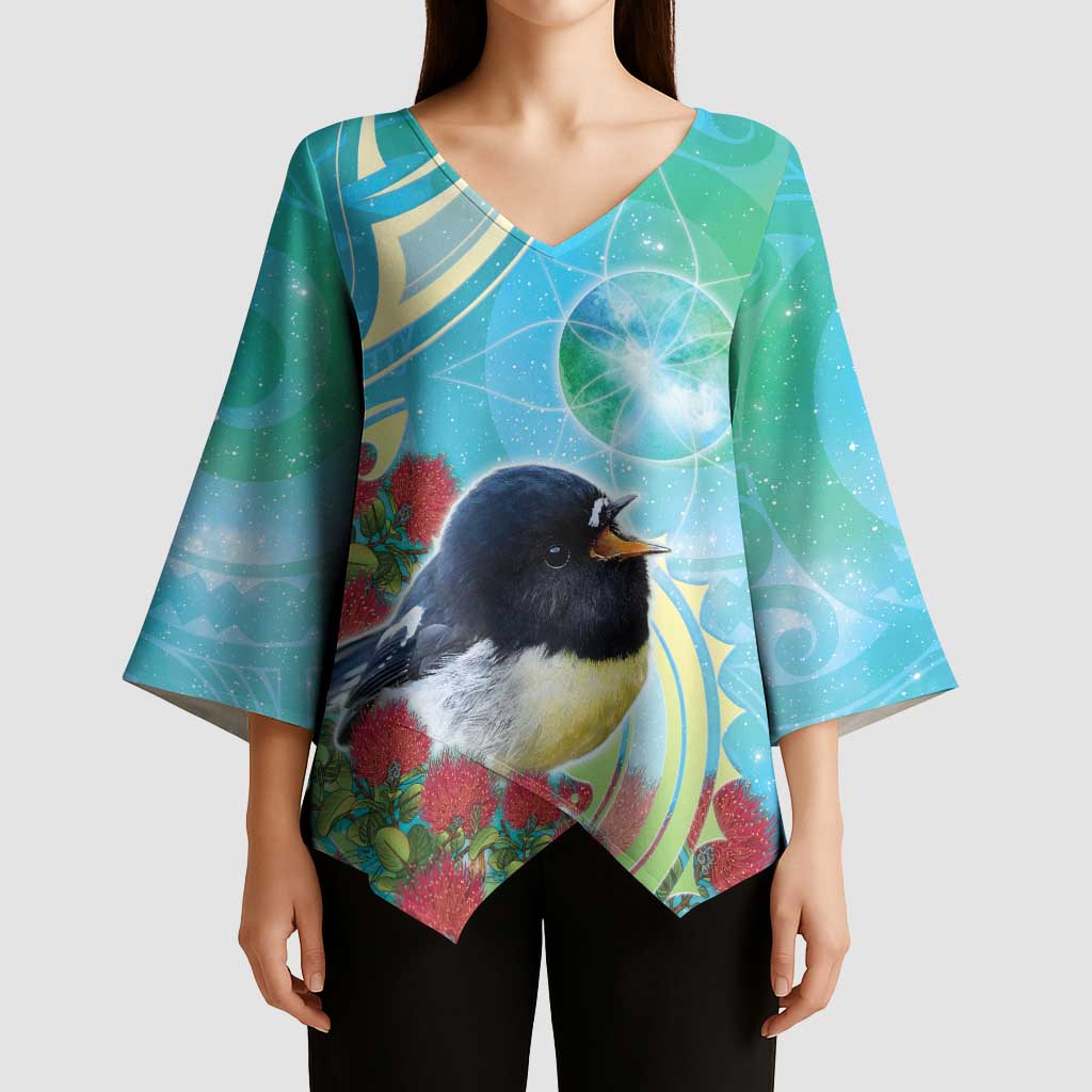 New Zealand Tomtit Kimono Sleeve Blouse Maori Koru With Pohutukawa Galaxy Style - Polynesian Pride