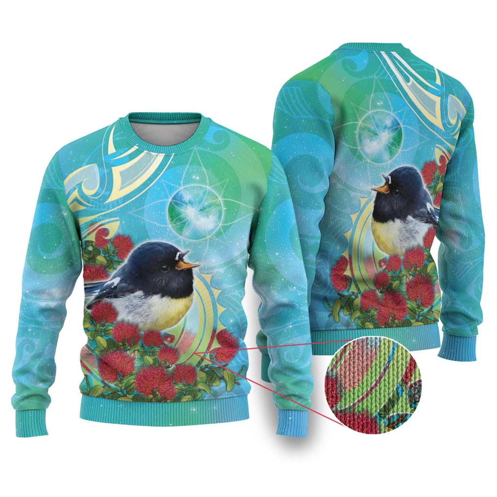 New Zealand Tomtit Ugly Christmas Sweater Maori Koru With Pohutukawa Galaxy Style - Polynesian Pride
