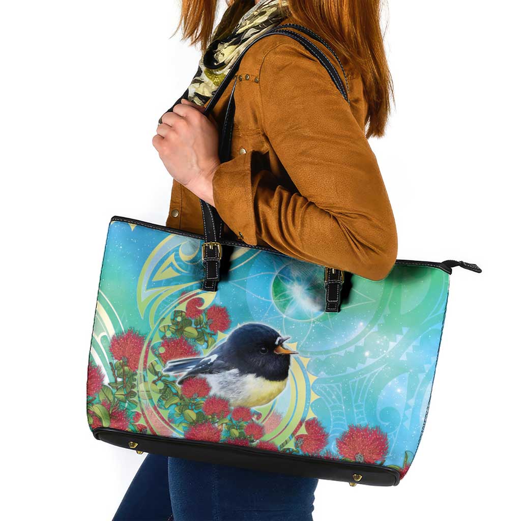 New Zealand Tomtit Leather Tote Bag Maori Koru With Pohutukawa Galaxy Style - Polynesian Pride