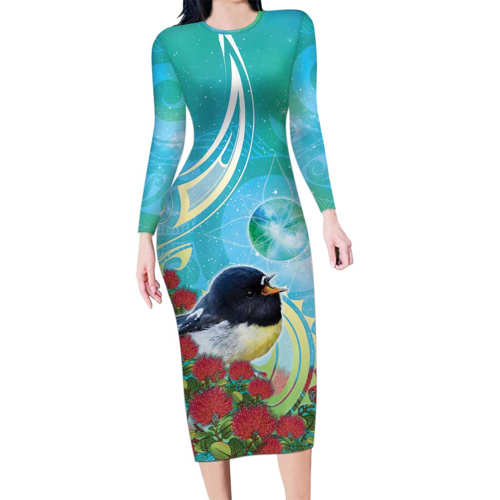 New Zealand Tomtit Long Sleeve Bodycon Dress Maori Koru With Pohutukawa Galaxy Style - Polynesian Pride