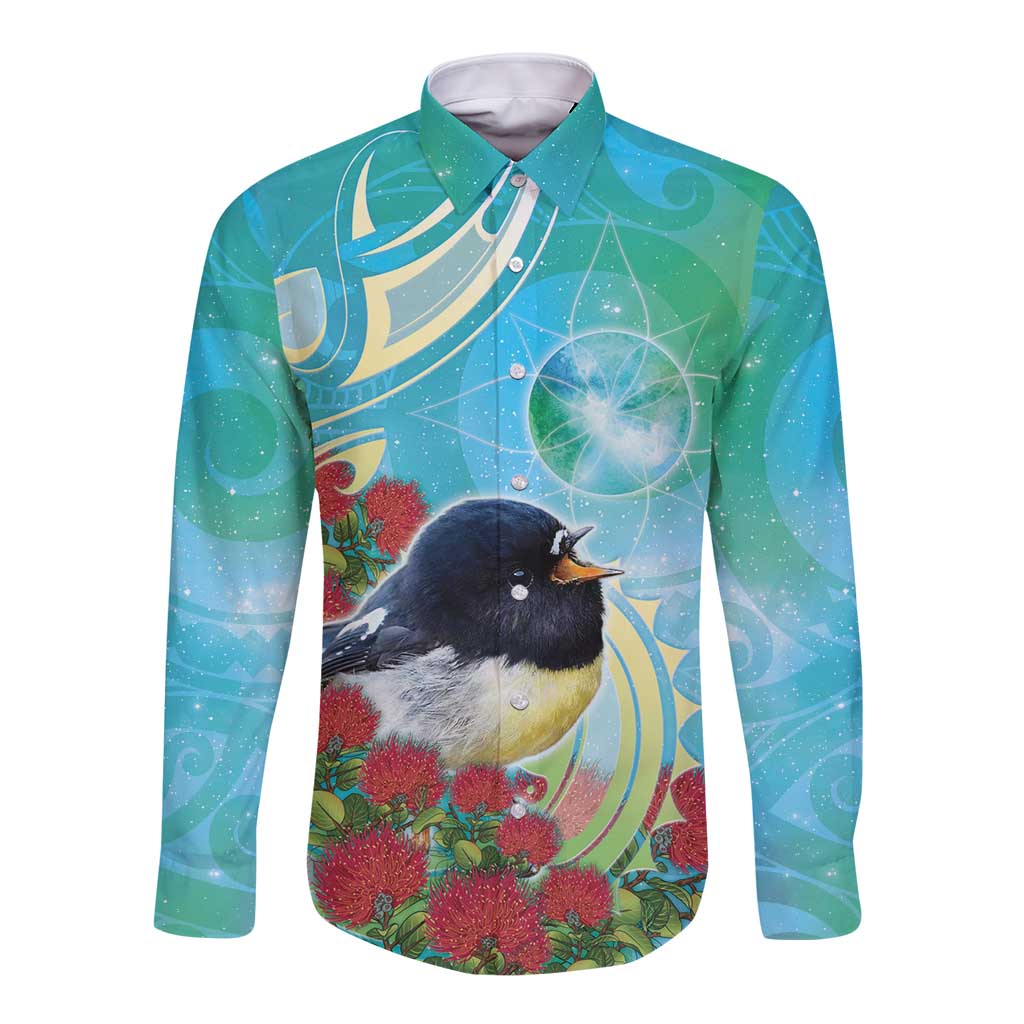 New Zealand Tomtit Long Sleeve Button Shirt Maori Koru With Pohutukawa Galaxy Style - Polynesian Pride