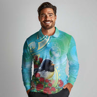 New Zealand Tomtit Long Sleeve Polo Shirt Maori Koru With Pohutukawa Galaxy Style - Polynesian Pride
