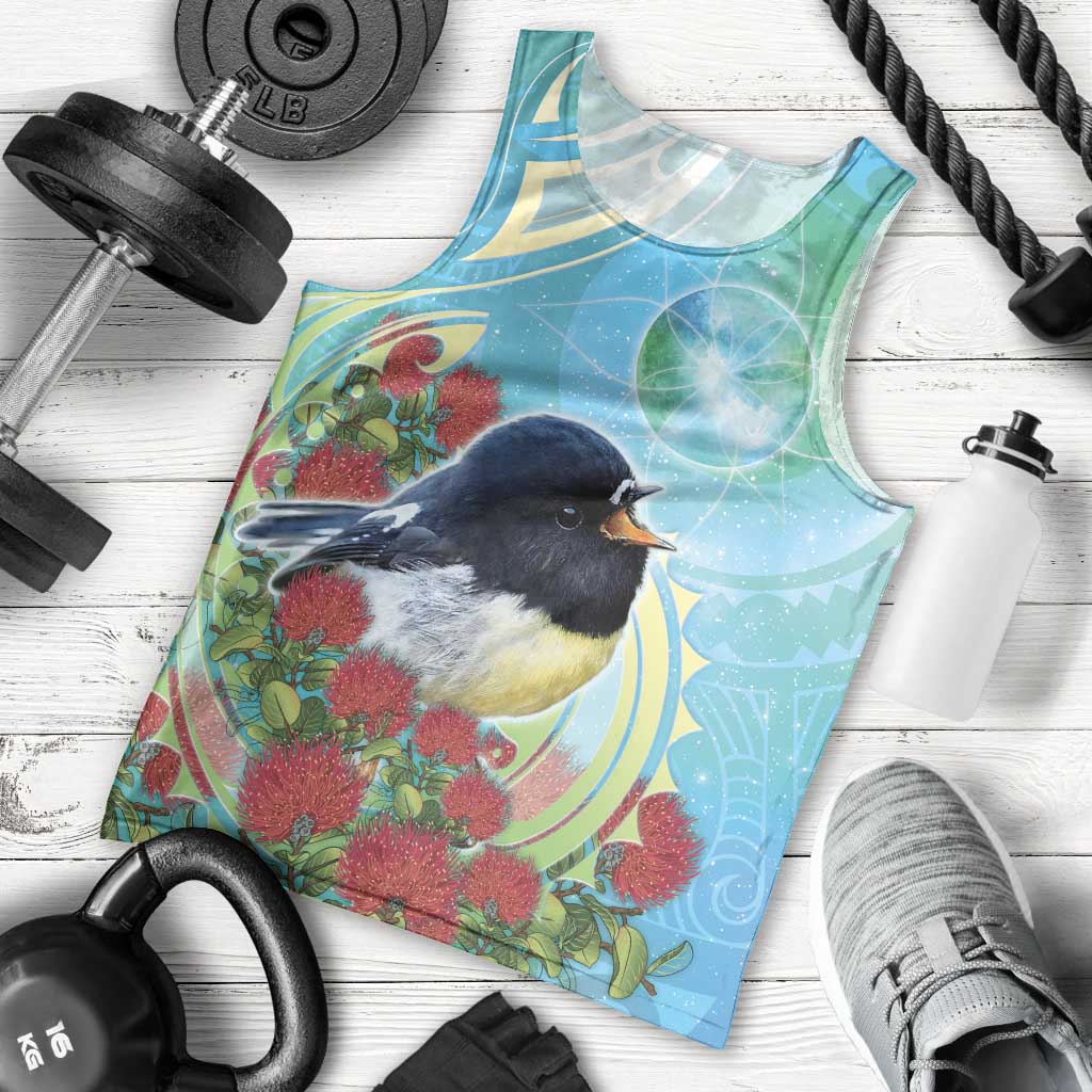 New Zealand Tomtit Men Tank Top Maori Koru With Pohutukawa Galaxy Style - Polynesian Pride