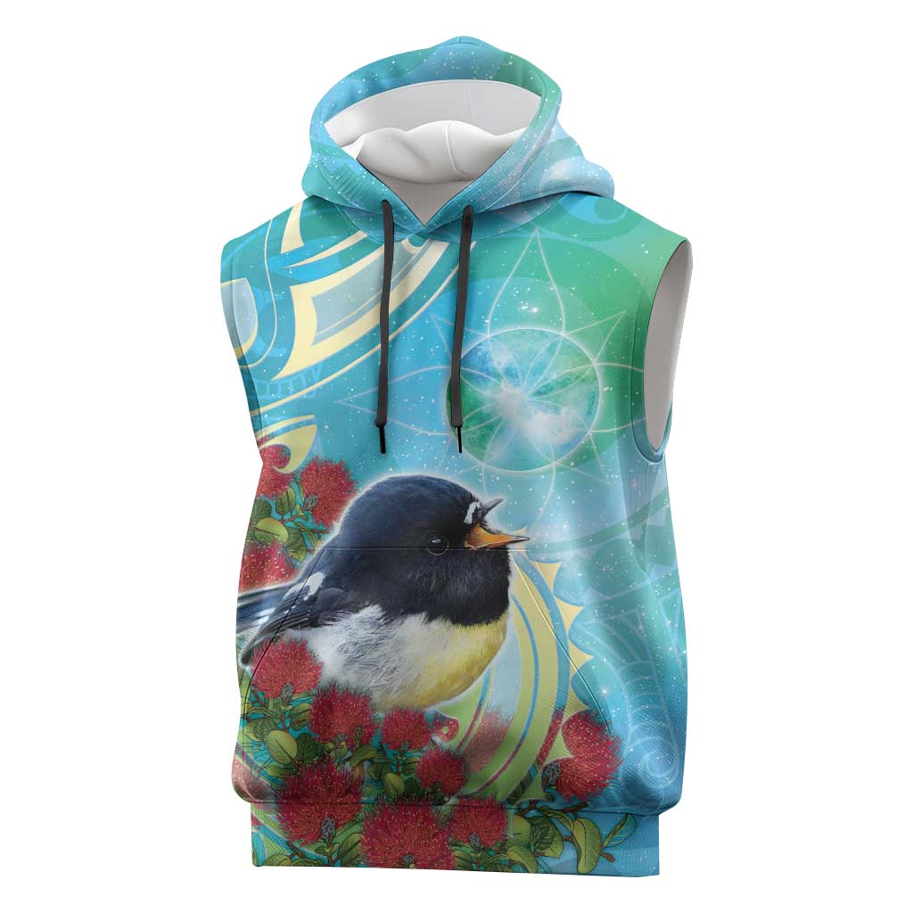 New Zealand Tomtit Sleeveless Hoodie Maori Koru With Pohutukawa Galaxy Style - Polynesian Pride