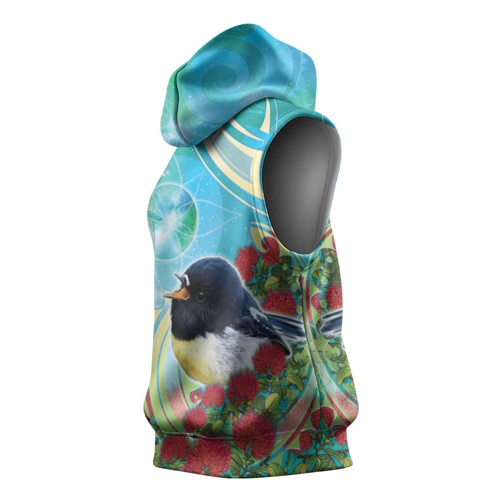 New Zealand Tomtit Sleeveless Hoodie Maori Koru With Pohutukawa Galaxy Style - Polynesian Pride