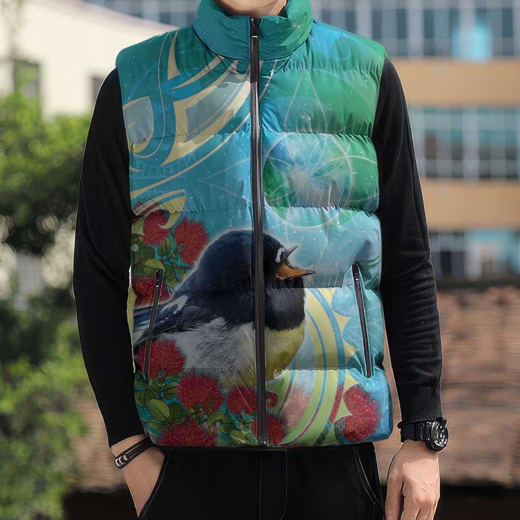 New Zealand Tomtit Sleeveless Puffer Jacket Maori Koru With Pohutukawa Galaxy Style - Polynesian Pride