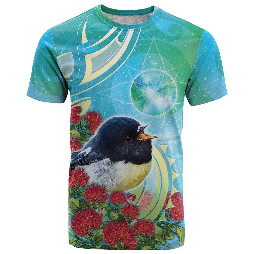 New Zealand Tomtit T Shirt Maori Koru With Pohutukawa Galaxy Style - Polynesian Pride