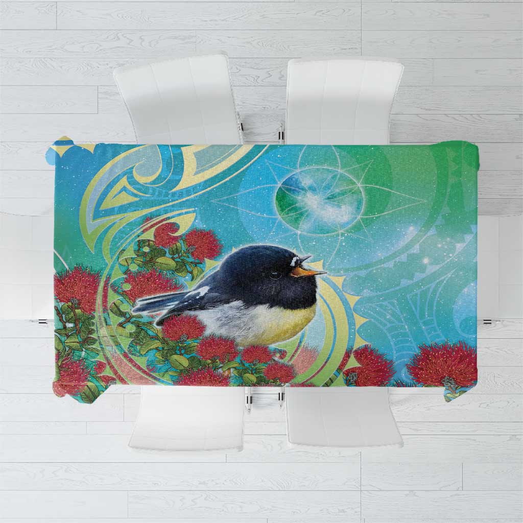 New Zealand Tomtit Tablecloth Maori Koru With Pohutukawa Galaxy Style - Polynesian Pride