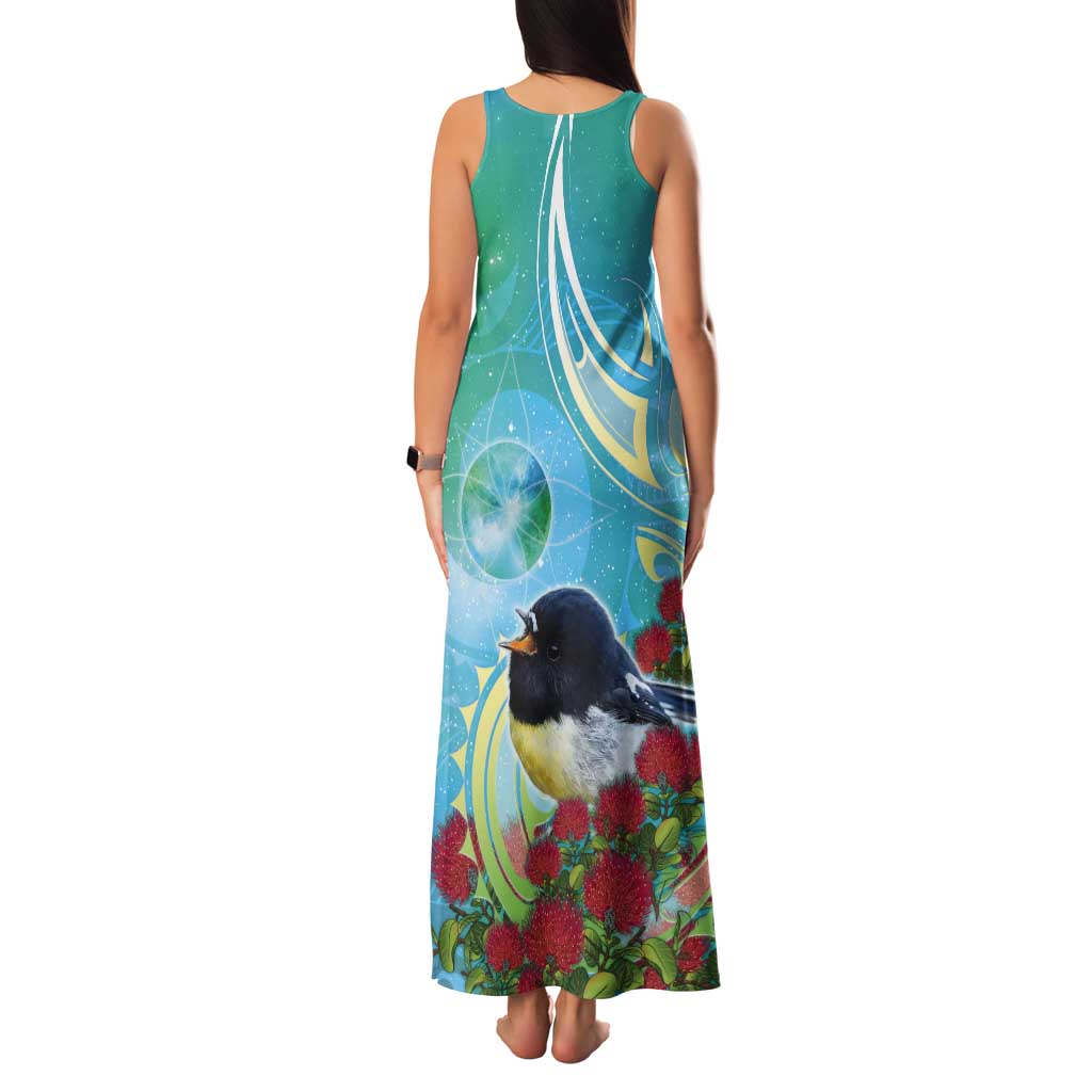 New Zealand Tomtit Tank Maxi Dress Maori Koru With Pohutukawa Galaxy Style - Polynesian Pride