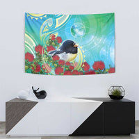 New Zealand Tomtit Tapestry Maori Koru With Pohutukawa Galaxy Style - Polynesian Pride